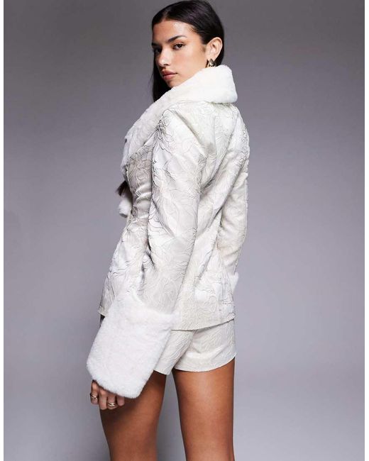 ASOS Gray Co-ord Jacquard Blazer With Faux Fur Trim