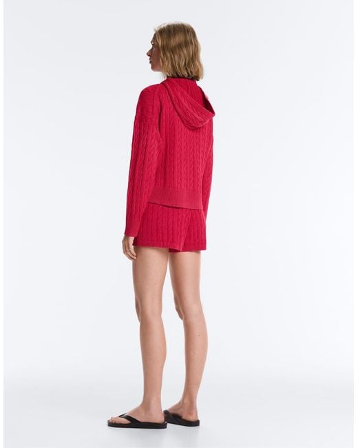 Oysho Red Washed Cable Knit Hooded Jacket