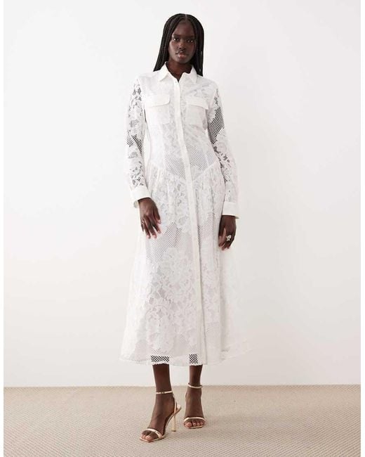 Bardot Natural Agatha Cotton Rich Lace Shirt Midaxi Dress