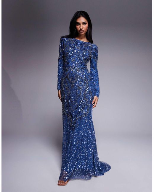 Beauut Blue Maisa Embellished Long Sleeve Maxi Dress