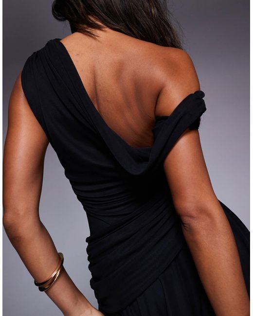 Aria Cove Blue Drape Off The Shoulder Ruffle Hem Mini Dress