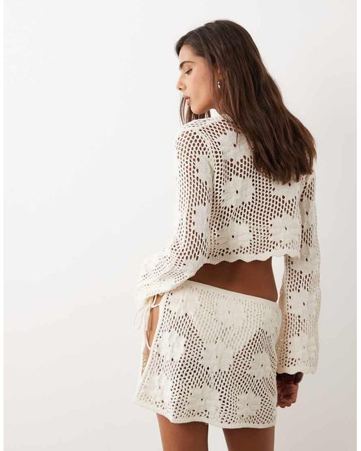 The Frolic Natural Exclusive Crochet Tie Front Long Sleeve Beach Crop Top