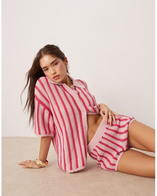 Camisa A Rayas Con Bordes Festoneados De Punto De (Parte De Un Conjunto) ASOS de color Pink