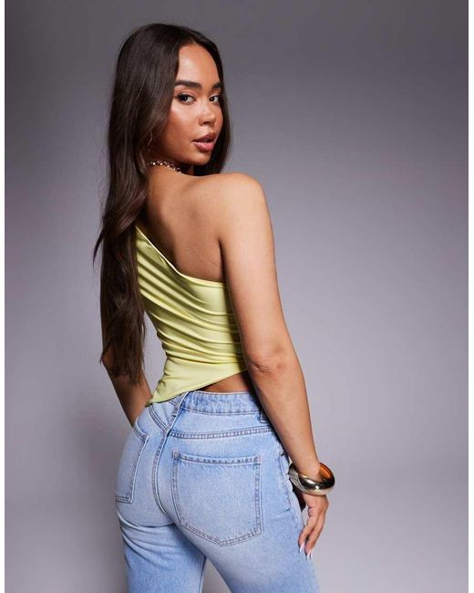 Missy Empire Yellow Double Sculpted Slinky One Shoulder Asymmetric Hem Gold Buckle Top