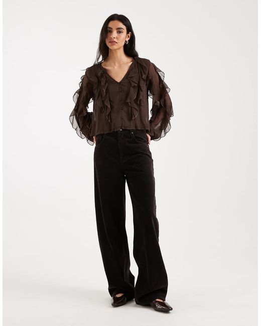 Mango Brown Teen Ruffle Long Sleeve Blouse