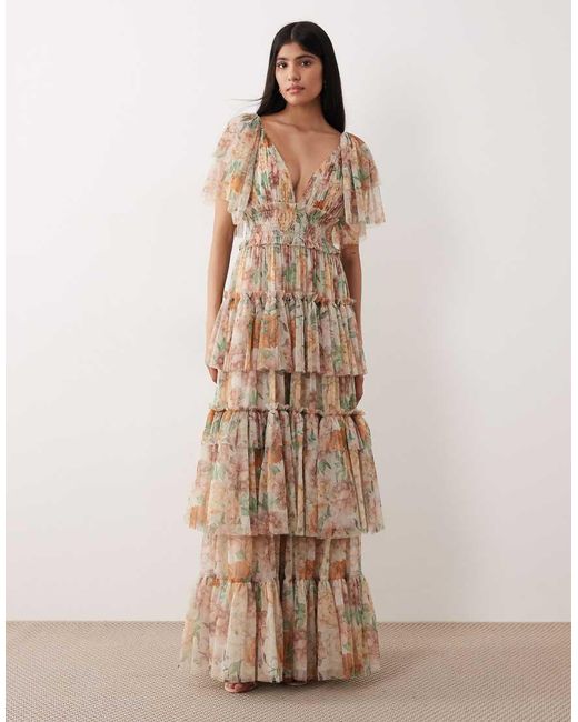 LACE & BEADS Natural Tulle Flutter Sleeve Tiered Maxi Dress