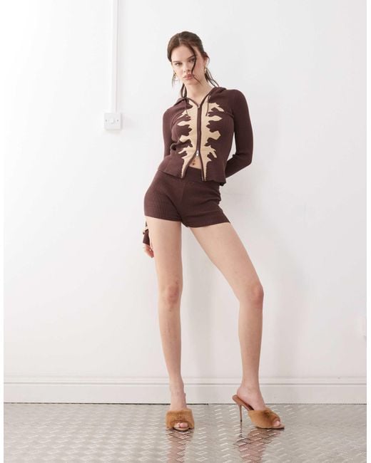 The Kript Brown Cow Print Micro Mini Knit Shorts