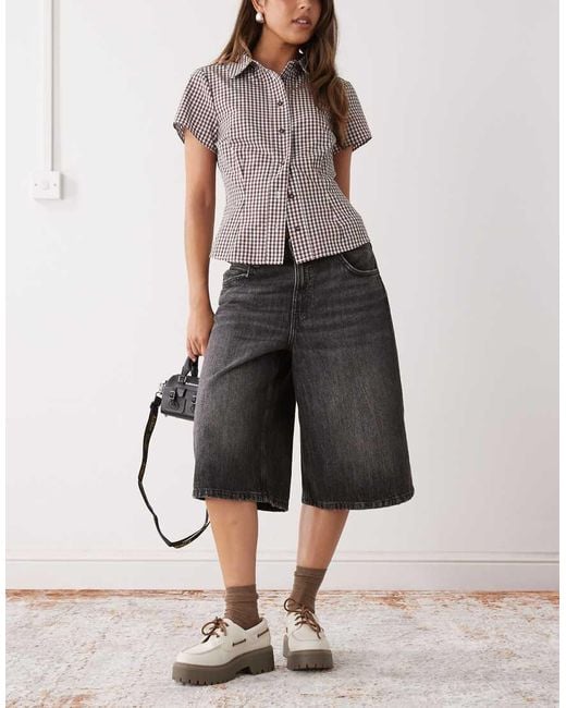 Collusion Gray Fitted Short Sleeve Gingham Shirt