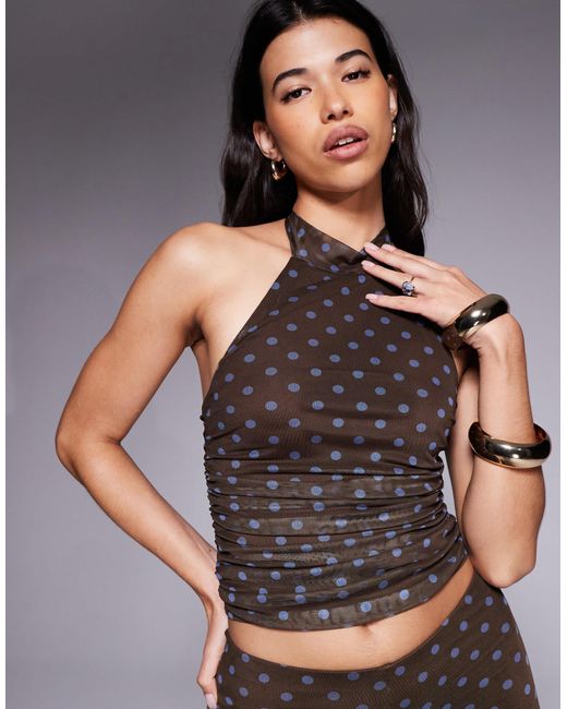 Kaiia Gray Exclusive Double Layered Slinky Mesh Halterneck Top Co-ord