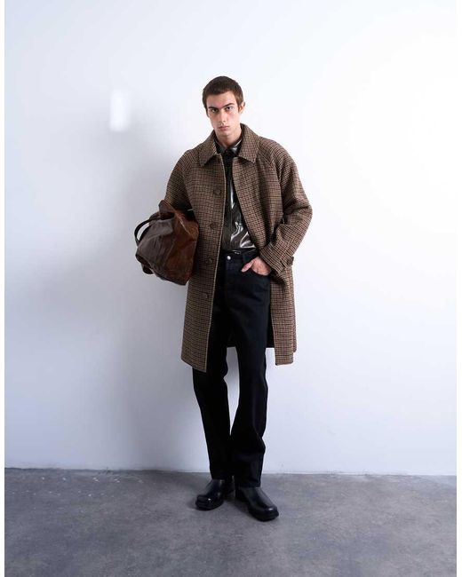 Topman Brown Oversized Brushed Plaid Overcoat With Wool for men