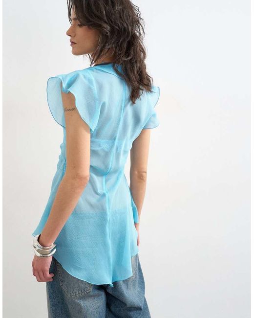 TOPSHOP Blue Ruffle V Neck Top