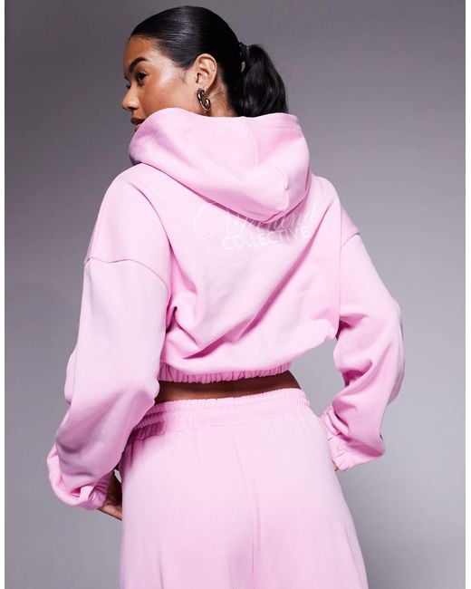 ASOS Pink Weekend Collective Cropped Hoodie With Back Graphic