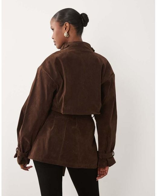 Bardot Brown Faux Suede Cropped Tie Detail Trench