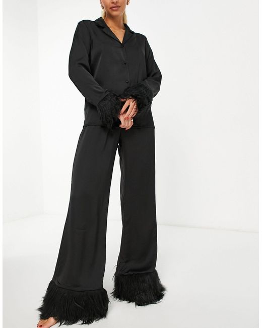 Missguided Black Faux Fur Trim Pyjama Set