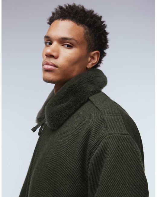 ASOS Black Wool Look Bomber Jacket With Faux Fur Collar for men