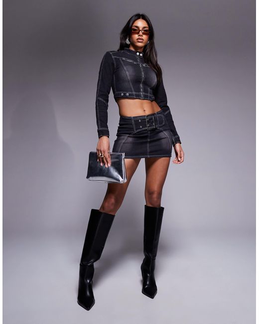 Liquor N Poker Blue Contrast Stitch Biker Jacket With Buckle Detail