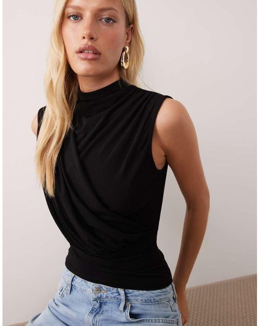 Mango Black High Neck Sleeveless Drape Top
