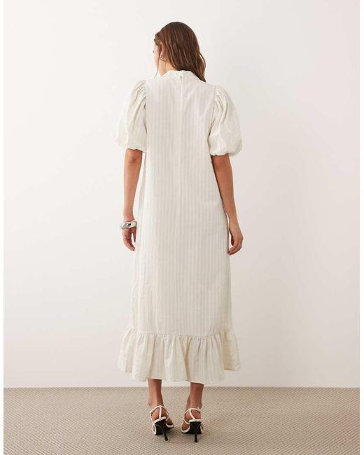 Ghospell Natural High Neck Puff Sleeve Peplum Hem Midi Dress