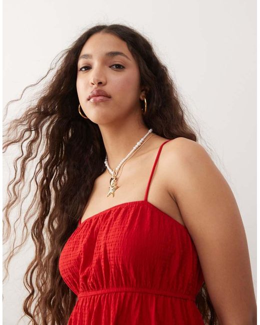 Miss Selfridge Red Seersucker Tie Smock Dress