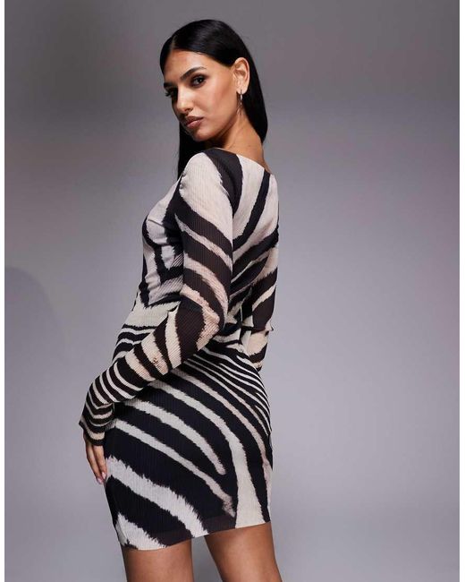 Murci Multicolor Slash Neck Long Sleeve Plisse Mini Dress