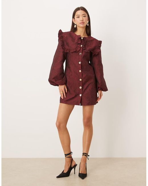 Ghospell Mini Jurk Met Oversized Kraag En Ballonmouwen in het Red