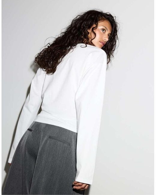 Stradivarius White Long Sleeve Gathered T-Shirt