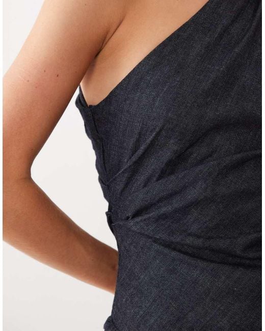 Mango Blue Noah Denim One Shoulder Asymmetric Sleeveless Top