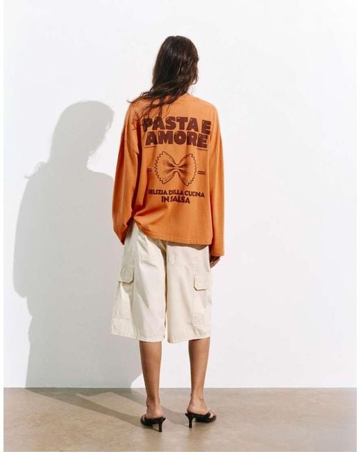 Pull&Bear Orange Long Sleeve Graphic T-Shirt