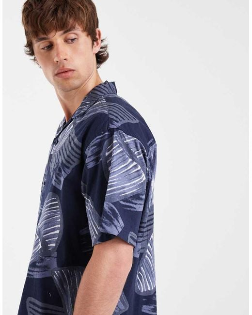 Jack & Jones Blue Premium Short Sleeve Shirt With Plant Print for men
