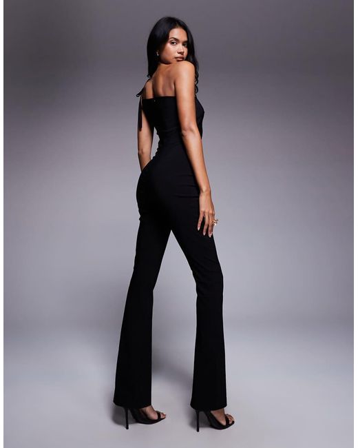 Vesper Blue Bengaline One Shoulder Tie Detail Flare Jumpsuit