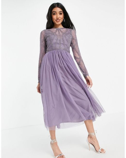ASOS Purple Embellished Bodice Midi Dress With Tulle Skirt