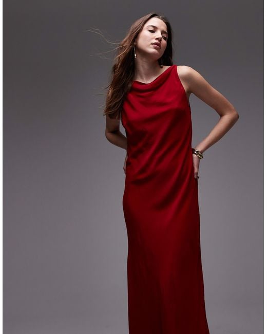 Mango Red Satin Drape Neck Maxi Dress