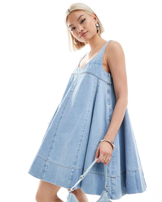 Daisy Street Blue Scoop Neck Flared Babydoll Mini Dress