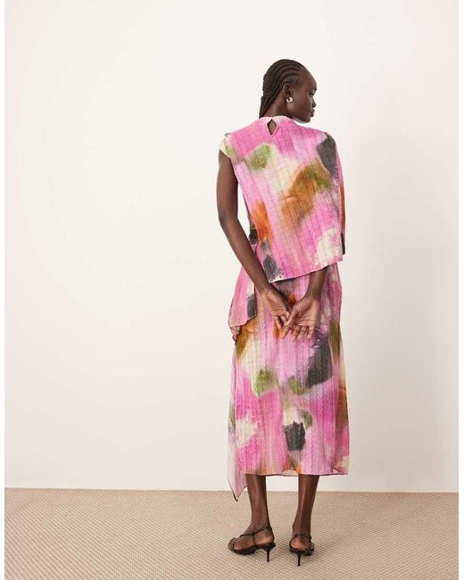 Vestito Midi Trasparente Accollato Plissé Con Stampa Acquerello E Drappeggio di ARRANGE in Pink