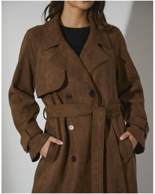South Beach Brown Faux Suede Trench Coat