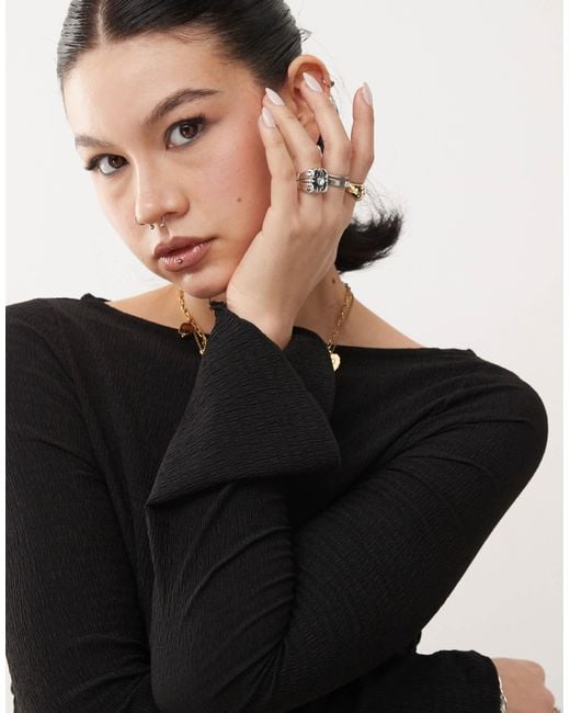 Reclaimed (vintage) Black Textured Mini Dress With Flared Sleeves