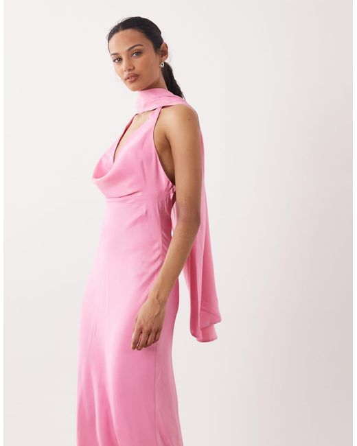 ASOS Pink Satin Cowl Neck Scarf Maxi Dress In