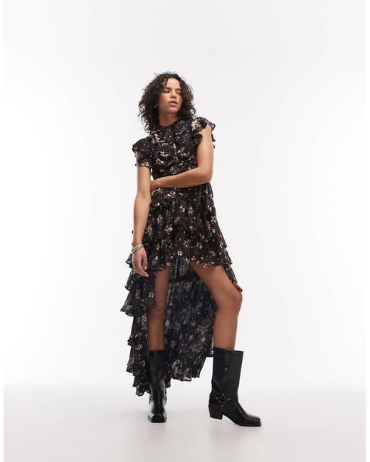 AllSaints Black Shaela Floral Ruffle Maxi Dress