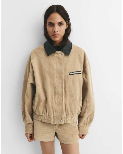 Pull&Bear Natural Corduroy Jacket With Contrasting Collar