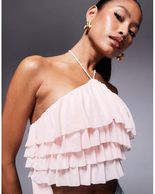 AFRM Blue Halter Neck Ruffle Top