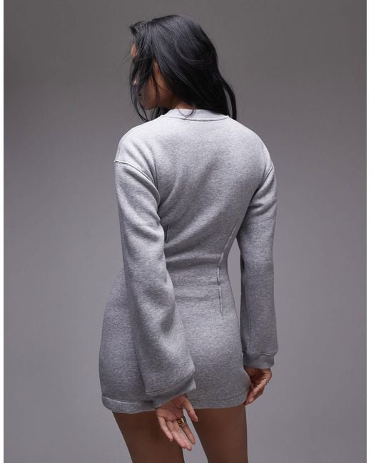 TOPSHOP Gray Cinched Waist Long Sleeve Jersey Mini Dress