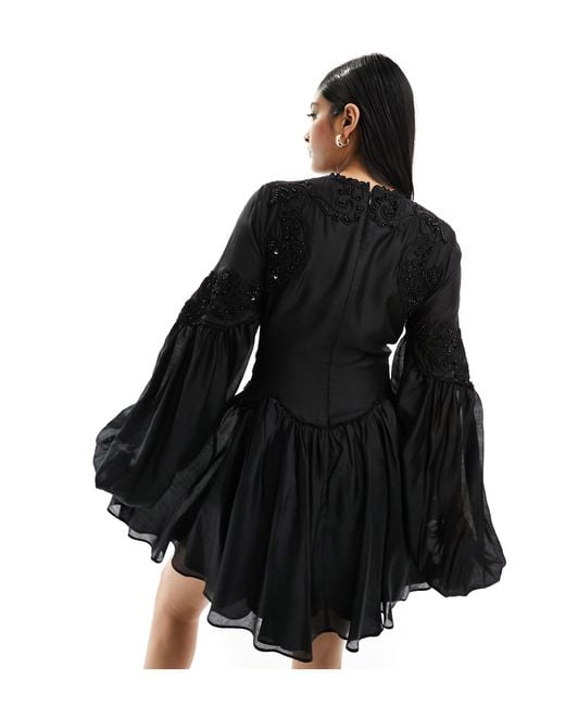 ASOS Black High Neck Embroidered Embellished Mini Dress With Pephem