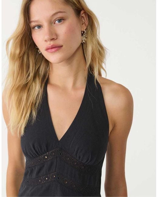 Stradivarius Korte Jurk Van Linnenmix Met Halternek in het Black