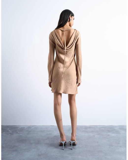 TOPSHOP Satijnen Mini Jurk Met Lange Mouwen En Een Gedrapeerde Achterkant in het Brown