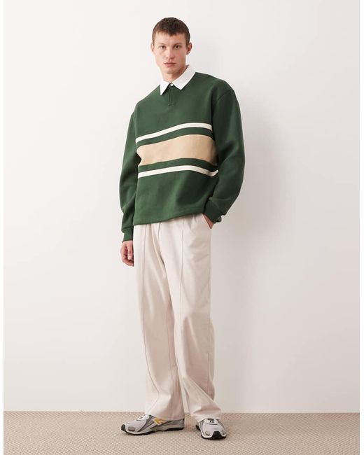 ASOS Green Relaxed Rugby Polo Sweatshirt With Cut & Sew Panel for men