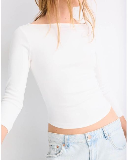 Stradivarius White Boat Neck 3/4 Sleeve T-shirt