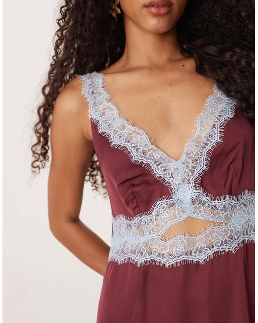 Never Fully Dressed Women's Red Mimi Contrast Lace Trim Satin Midaxi Dress