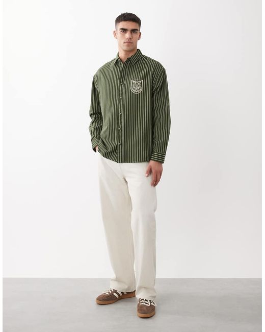 ASOS Green Oversized Twill Striped Shirt With Chest Embroidery for men