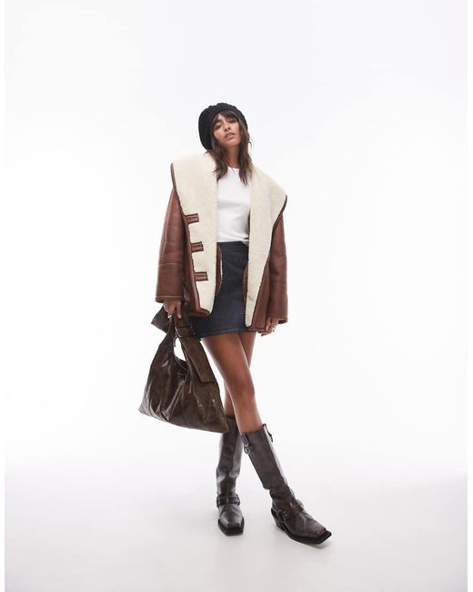 TOPSHOP Brown Faux Leather Shearling Super Oversized Car Coat