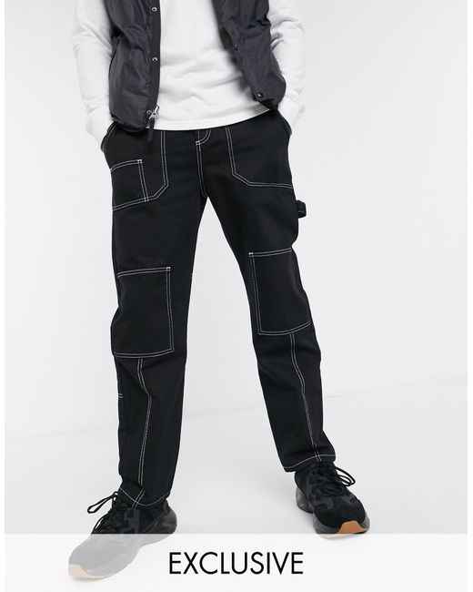 Reclaimed (vintage) Black Cargo Pant In Twill With Contrast Stitch for men